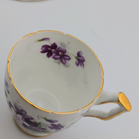 Ansley Fine Bone China Demitasse Cup & Saucer Set Violette Floral Design Gold Tr - Picture 9 of 11